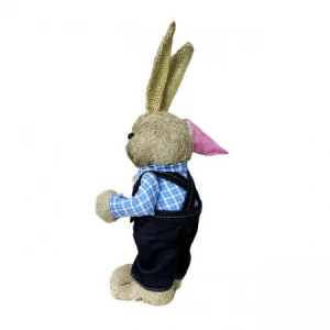 Figurina decorativa din paie, Iepuras Yvan, cu salopeta si accesoriu pentru fluturi, 33 cm, Albastru