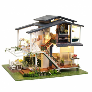 Kit DIY de Casa Miniatura din Lemn cu Mobilier - Constructie in Stil Francez cu Accesorii si LED