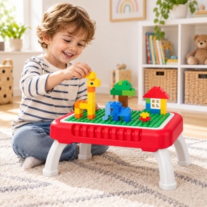 Masa de activitati 3 in 1, set de constructie cu 50 piese, tabla de desen si valiza de depozitare, Rosu - Img 4
