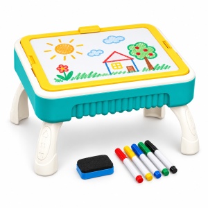 Masa de activitati 3 in 1, set de constructie cu 58 piese, circuit cu bile si tabla de desen, pliabila tip valiza, Turcoaz - Img 2