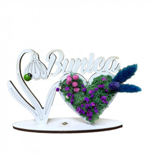 Ornament din lemn Draw Me, ce poate fi personalizat cromatic, cu tematica individuala (Bunica), licheni stabilizati si imortele, Albastru