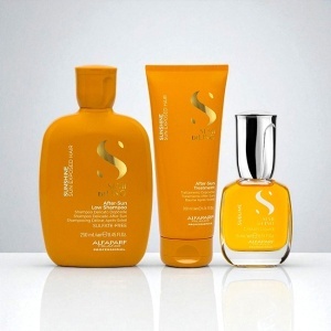 Pachet Alfaparf Semi di Lino Sunshine - Sampon, 250 ml + Tratament after sun, 200 ml + Ulei pentru stralucire Sublime Cristalli Liquidi 15 ml