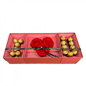 Pachet cadou I Love you, format din 3 trandafiri criogenati si praline Ferrero Rocher, Roz