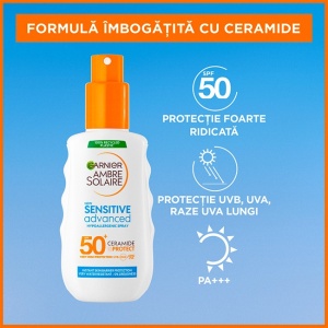 Pachet Garnier Ambre Solaire – Spray protectie solara adulti SPF 50 200 ml + Spray protectie solara copii SPF 50 200 ml + Spray aftersun hidratant, 200 ml