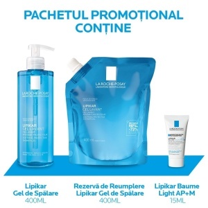 Pachet Gel de dus calmant Lipikar, 400 ml + Rezerva, 400 ml + Balsam Lipikar Baume Light AP+M, 15 ml, La Roche-Posay