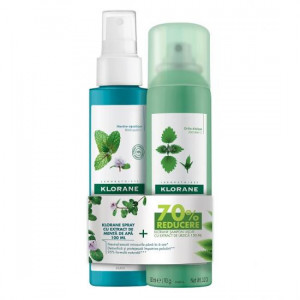Pachet Klorane Spray detoxifiant cu extract de mentă acvatică pentru păr expus la poluare, 100 ml + Șampon uscat cu extract de urzică, 150 ml