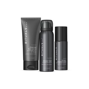 Pachet Rituals Homme – Scrub facial cu carbune, 70 ml + Spuma de dus, 50 ml + Spray antiperspirant 24h, 50 ml