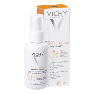 Pachet Vichy Capital Soleil – Fluid protectie solara UV-Age Daily SPF 50+, 40 ml + Apa solara protectoare SPF 50 cu beta-caroten, 200 ml + Lapte after sun calmant, 300 ml