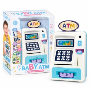 Pusculita electronica pentru copii, tip bancomat ATM, cu parola, lumini si sunete, Albastru