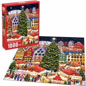 Puzzle Christmas Market, 1000 piese, peisaj de Craciun cu brad si targ festiv, multicolor