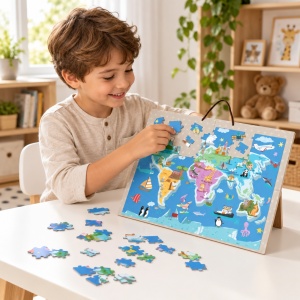 Puzzle magnetic educativ Harta Lumii, 168 piese, animale si obiective turistice, cu snur, 3+ ani - Img 3