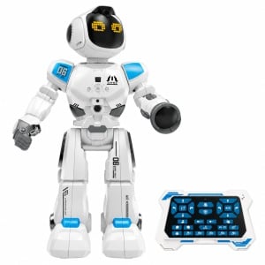 Robot inteligent cu telecomanda, programabil, cu senzori tactili, lumini si sunete, Alb/Albastru