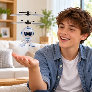 Robot zburator cu senzor de inductie, lumini si incarcare USB, Alb/Albastru - Img 3
