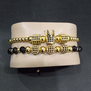 Set 2 bratari Iconic din otel inoxidabil, onix si zirconiu, Unisex, gold - Img 1