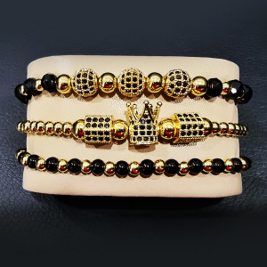 Set 3 bratari Iconic din otel inoxidabil, onix si zirconiu, Unisex, gold - Img 1