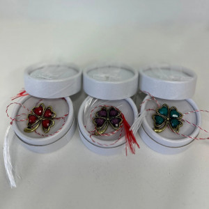 Set 3 martisoare tip brosa trifoi, Lucky, in cutii individuale cu fundita, Alb