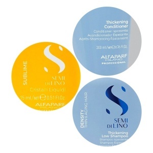 Set Alfaparf Semi di Lino Density Thickening, Sampon 250 ml + Balsam 200 ml + Ulei iluminator Cristalli Liquidi 15 ml