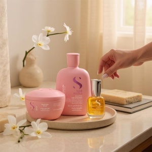 Set Alfaparf Semi Di Lino Moisture Nutritive cu 250 ml Sampon + 200 ml Masca + Ulei Cristalli Liquidi 15 ml