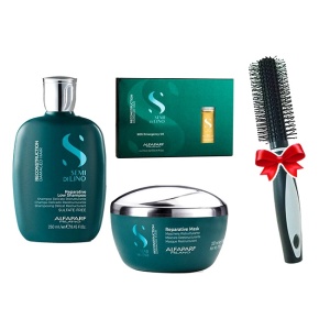 Set Alfaparf Semi Di Lino Reconstruction cu 250 ml Sampon + 200 ml Masca + 6x13 ml Serum + Perie rotunda