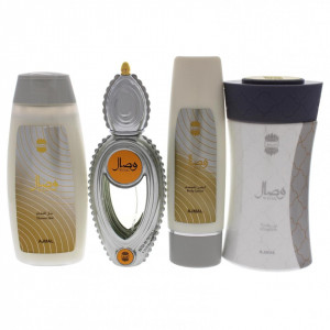 Set cadou Ajmal Wisal, Femei: Apa de parfum 50 ml + Gel de dus 200 ml + Lotiune de corp 100 ml + Pudra parfumata 80 gr - Img 2