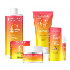 Set cadou Eveline Cosmetics Vitamin C 3x Action, Apa micelera pentru luminozitate si hidratare, 500 ml + Ser pentru ochi cu efect de iluminare roll-on, 15 ml + Gel esenta de curatare, 150 ml + Crema de fata regeneranta si hranitoare, 50 ml - Img 2