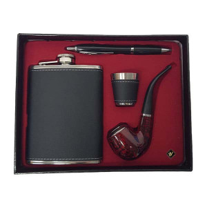 Set cadou pentru barbati VLV, 4 piese ce contine plosca, pipa, pix si pahar, negru