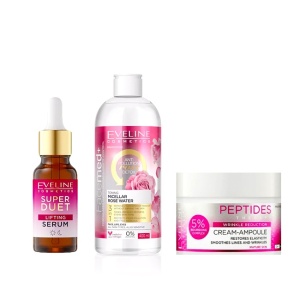 Set cadou Peptide Renewal Eveline Cosmetics Crema antirid pentru ten matur, 50 ml + Ser concentrat de lifting Super Duo cu 5% peptide și complex de colagen pentru piele uscata și matura, 18 ml + Apa micelara tonifianta de trandafiri, Facemed+, Toning Mice