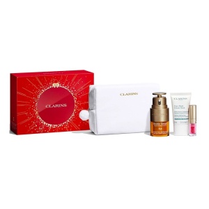 Set Clarins Double Serum Eye Collection – Serum Contur Ochi + Cryo-Flash Cream Mask 15 ml + Lip Comfort Oil + Pouch