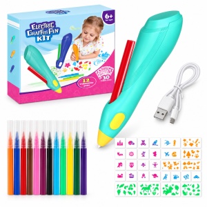 Set creativ cu aerograf electric pentru copii, 12 markere si 30 sabloane, reincarcabil USB, 6+ ani