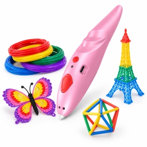 Set creativ cu pix 3D electric, filamente colorate, sabloane si cablu USB, Roz, 6+ ani