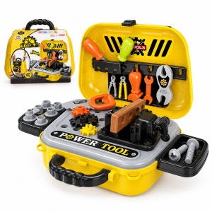 Set de bricolaj pentru copii 2 in 1, valiza transformabila in banc de lucru, unelte si accesorii, galben