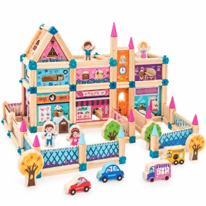 Set de constructie din lemn Oras modular, 248 piese, cu cladiri, figurine si masinute, 3 Ani+, multicolor - Img 4