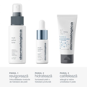 Set Dermalogica Long-Lasting Hydration Kit, Toner hidratant Multi-Active, 50 ml + Ser hidratant cu acid hialuronic Circular Hydration, 10 ml + Crema hidratanta de zi si noapte Skin Smoothing, 15 ml