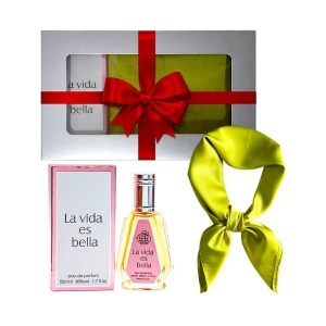 Set Elysa – Apa de Parfum La Vida es Bella Fragrance World 50ml, Esarfa satinata verde