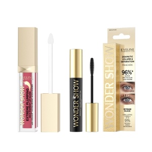 Set Eveline Wonder Show cu Luciu de buze pentru volum 05 Vibrant Red si Mascara volum si separare