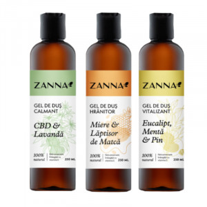 Set Gel de dus Calmant cu CBD & Lavanda, Gel de dus Hranitor cu Miere si Laptisor de Matca, Gel de dus Vitalizant cu Eucalipt si Pin, 250ml Zanna - Img 2