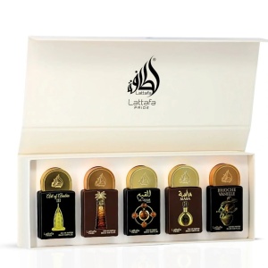 Set Lattafa Apa de Parfum Unisex – Art of Arabia III 20 ml, Ajwaa 20 ml,Al Qiam Gold 20 ml, Masa 20 ml, Brioche Vanille 20 ml