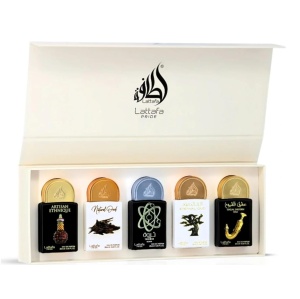 Set Lattafa Apa de Parfum Unisex – Artisan Ethnique 20ml, Natural Oud20 ml, Tharwah Silver 20 ml, Eternal Oud 20ml, Shuyukh Gold 20ml