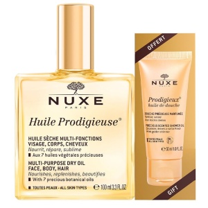 Set Nuxe Prodigieux: Ulei Multifunctional pentru fata, corp si par, 100 ml + Ulei de dus pentru toate tipurile de piele, 30 ml