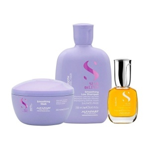 Set pentru netezire Alfaparf Milano Semi Di Lino Smoothing Sampon 250 ml + Masca, 200 ml + Ulei Cristalli Liquidi 15 ml