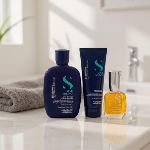 Set pentru neutralizarea tonurilor de portocaliu Alfaparf Milano Semi Di Lino Brunette, Sampon 250 ml + Balsam 200ml + Ulei iluminator Cristalli Liquidi, 15 ml