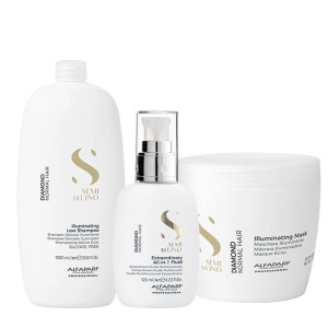 Set pentru stralucire Alfaparf Semi Di Lino Diamond Iluminating cu Sampon, 1000 ml + Masca, 500 ml + Fluid pentru stralucire, 125 ml