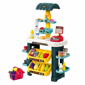 Set supermarket pentru copii, 47 de piese, cu casa de marcat, cos de cumparaturi si accesorii, 3 ani+