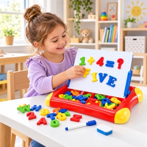 Tablita magnetica educativa 2 in 1 cu litere, cifre, marker si spatiu de depozitare, multicolor, 3+ ani - Img 3
