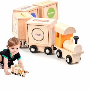 Tren Educativ Montessori din Lemn cu magnet - Identificare a Formelor Geometrice si Clasificare a Culorilor