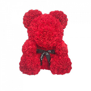 Ursulet din trandafiri de spuma, in cutie cadou cu funda, 40 cm - Img 4