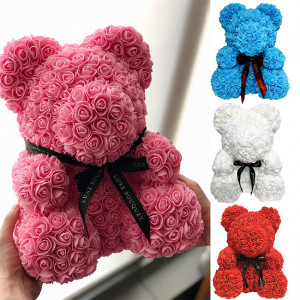 Ursulet din trandafiri de spuma, in cutie cadou cu funda, 40 cm