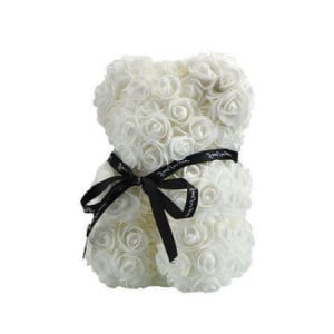 Ursulet floral din Trandafiri de spuma 25 cm, cu funda, in cutie cadou, alb