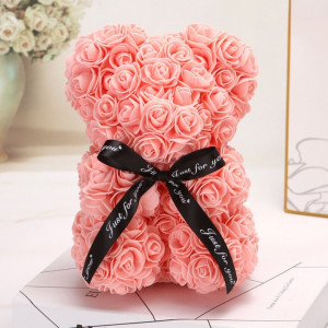 Ursulet floral din Trandafiri de spuma 25 cm, cu funda, in cutie cadou, roz