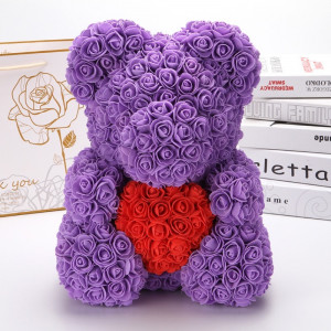 Ursulet trandafiri de spuma cu inima, in cutie cadou cu funda, 40 cm - Img 2